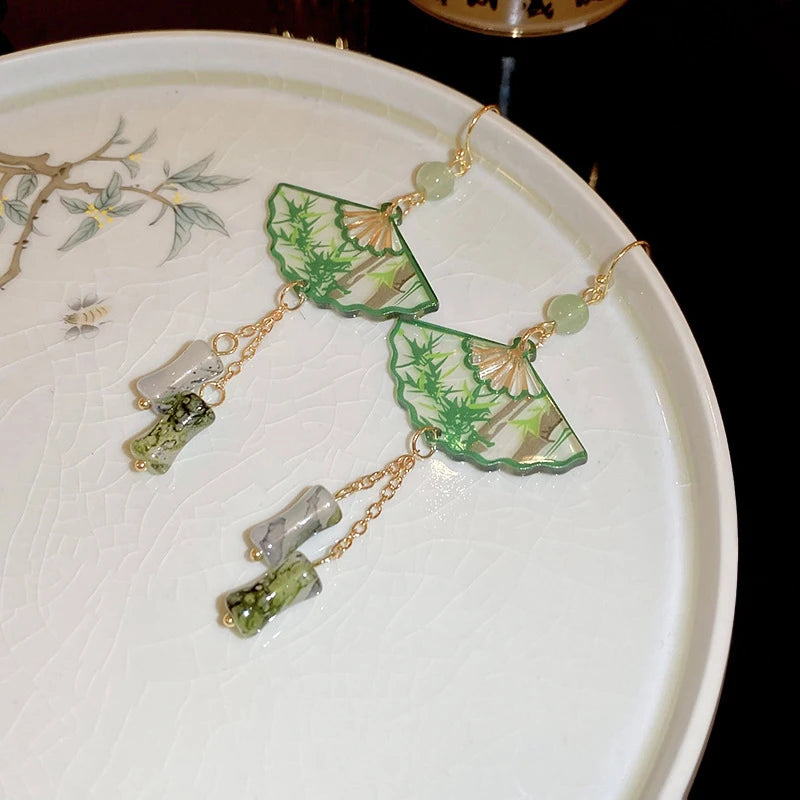 Chinese Fashion Earrings For Women Vintage Fan Shaped Acrylic Jewelry Creative Ethnic Gifts
