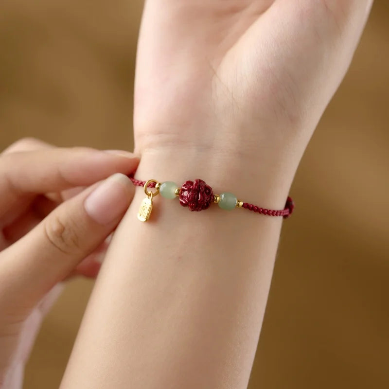 Natural Hetian Jade Transfer Bead Chinese Zodiac Cinnabar Bracelet Zodiac Year Lucky Red String Blessing Pendant Unisex Jewelry