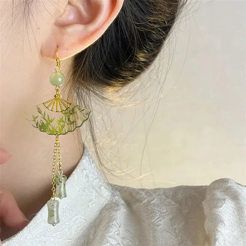Chinese Fashion Earrings For Women Vintage Fan Shaped Acrylic Jewelry Creative Ethnic Gifts